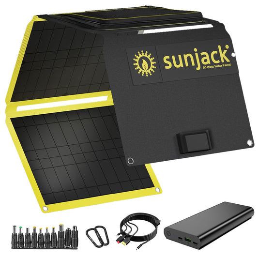 SunJack 60W waterproof solar charger with 100W 25,600mAh power bank