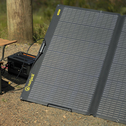 SunJack 400W foldable solar panel powering devices off-grid during an outage