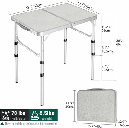 Aluminum Folding Camping Table with Adjustable Height Legs, 2/3/4ft