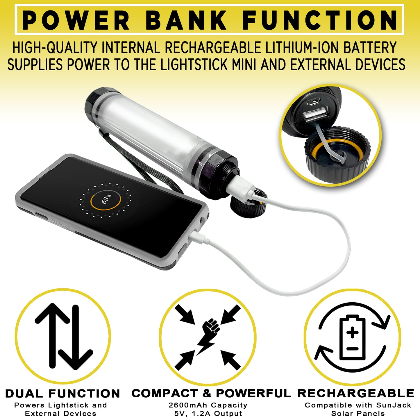 SunJack Waterproof LightStick Mini Camplight with Power Bank