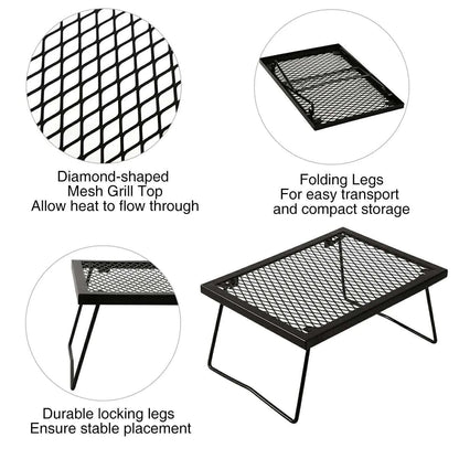 Portable Heavy Duty Folding Steel Campfire Grill Grate for Outdoor Cooking, Black